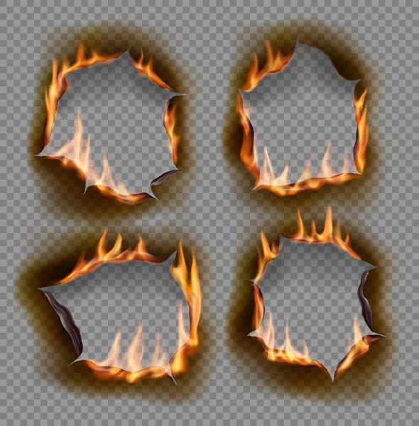 Agujeros Ardientes Fuego Papel Quemado Vectorial Con Bordes Carbonizados Realistas — Vector de stock