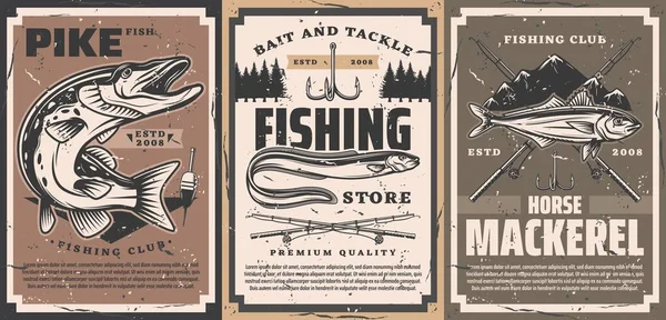 Fishing club and tackle shop poster. Northern pike with open maw, sea or river eel and atlantic horse mackerel, rods, treble fishhook and float vector. Fishing equipment store retro banner — Stock Illustration Fishing Club Tackle Shop Poster Northern Pike Open Maw Sea Royalty Free Stock Illustrations