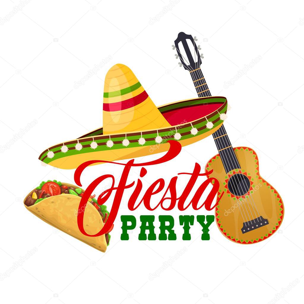 Fiesta party vector icon with traditional mexican symbols sombrero hat, guitar and tacos. Cartoon isolated label for Cinco de Mayo celebration. Latin event, mexican fiesta holiday celebration emblem