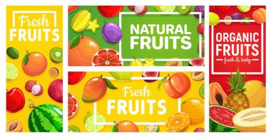 Meyve, portakal, tropikal ananas, çiftlik elması, vektör posterleri ve afişler. Tropik yaz meyveli mango, şeftali ve limon, kivi, muz, kayısı ve greyfurt, karpuz, kavun ve likör.