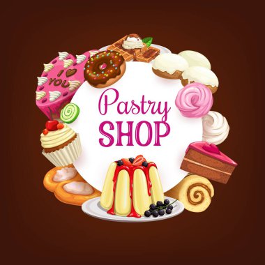 Pastalar, pastane pastaları, çikolatalar, tatlılar, yiyecekler, vektör posteri. Pasta pastaları, peynirli kekler ve tatlı tatlılar, kek, kruvasan ve puding, pastane çörekleri, waffle ve kurabiyeler.
