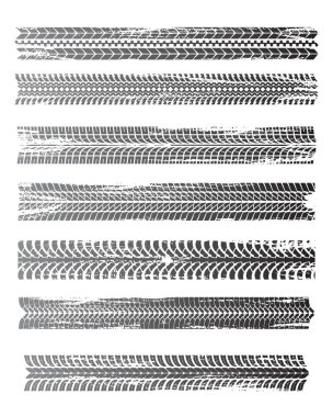 Tire prints, black car tyres track, isolated grunge vector marks. Bike race, vehicle, transportation dirty wheels trace. Rubber tires prints, automobile or bicycle drag. Monochrome graphic pattern set clipart