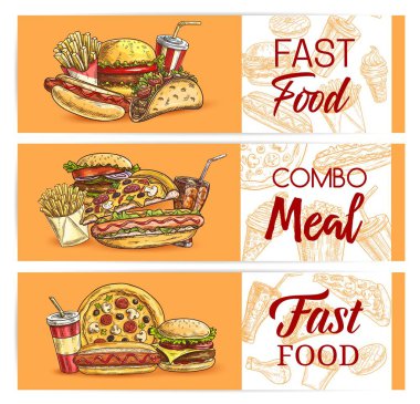 Fast food içecekleri ve yemek vektör pankartları. Fast food skeç pizza, sosisli sandviç ve Meksika tacosu, çizburger, buzlu soda ile patates kızartması. Plastik bardaklara oymalı atıştırmalıklar, fırınlar ve içecekler.
