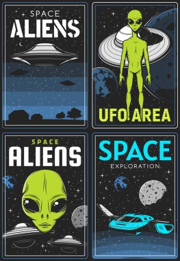 Uzaylı ve UFO bölgesi olan geçmişe dönük posterler, yeşil derili ve kocaman gözlü dünya dışı varlıklar. Uzay keşif kartı, uzay mekiği ile dış evrende yıldızlar ve gezegenler yıldızlı gökyüzünde uçan daireler.