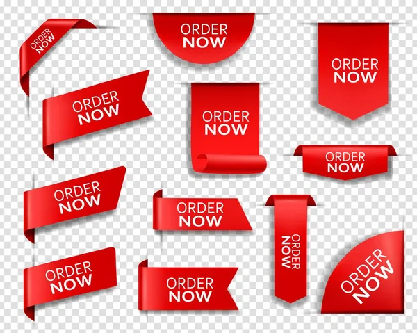 Ordene Ahora Banners Rojos Marcadores Elementos Diseño Web Cintas Vectoriales — Vector de stock