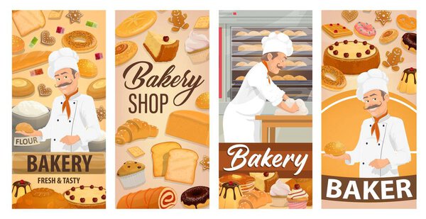 Baker confectioner in bakery shop baking bread vector banners. Cartoon chief in toque kneading dough, cooking bread, bakery sweet desserts cakes, pies, pancakes, muffins or cupcakes in patisserie cafe