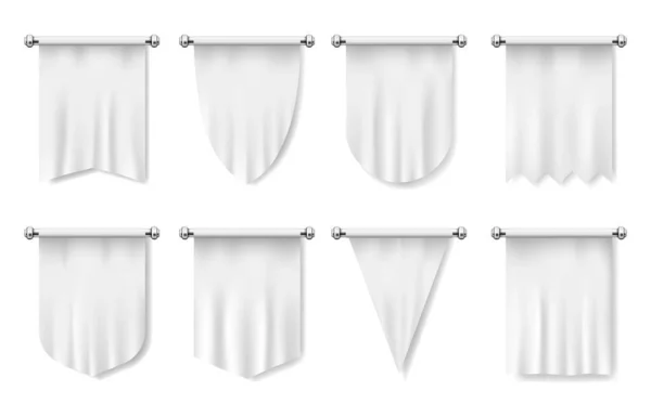Bandeiras Bandeiras Têxteis Brancas Maquetes Vetoriais Branco Modelo Realista Acenando —  Vetores de Stock