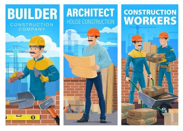 Husbyggare Och Arkitektbanner Murläggning Tegelvägg Med Murslev Arkitekt Eller Ingenjör — Stock vektor