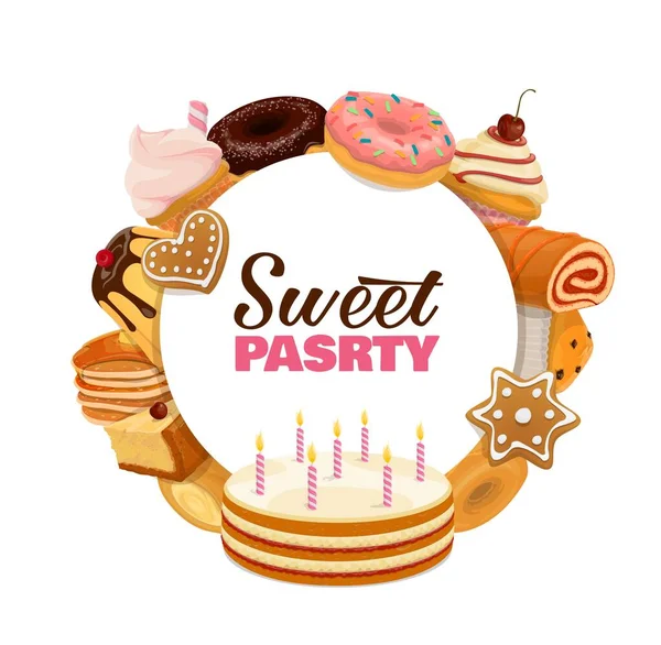 Pasticceria Dolce Banner Rotondo Torta Compleanno Con Candele Cheesecake Cupcake — Vettoriale Stock