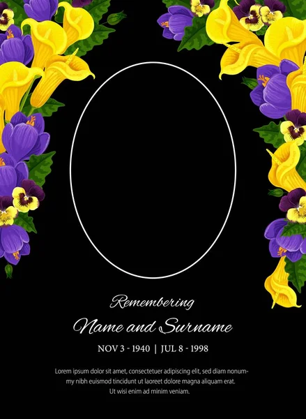 Begrafeniskaart Vector Template Ovaal Frame Voor Foto Condoleance Viooltje Calla — Stockvector