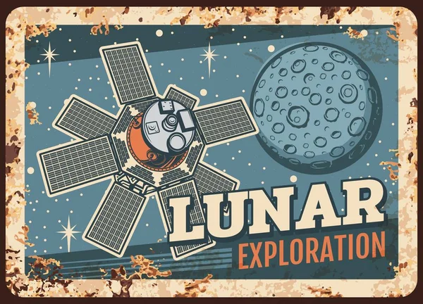 Programa Exploración Lunar Vector Placa Metal Oxidado Satélite Volando Órbita — Vector de stock