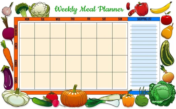 Planificador Comidas Semanal Vectorial Plan Semana Alimentos Con Bocetos Verduras — Vector de stock