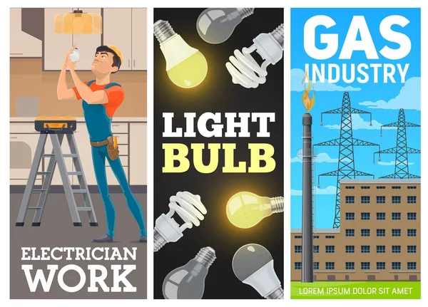 Electrician Electrical Bulbs Gas Industry Banners Electrician Service Worker Changing — Stock Vector