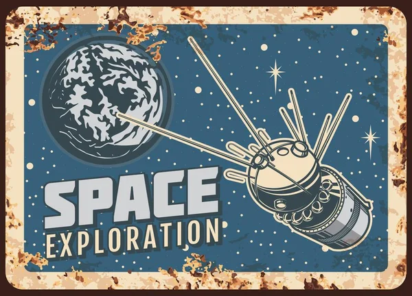 Satélite Exploración Espacial Vector Oxidado Placa Metal Sputnik Volar Planeta — Vector de stock