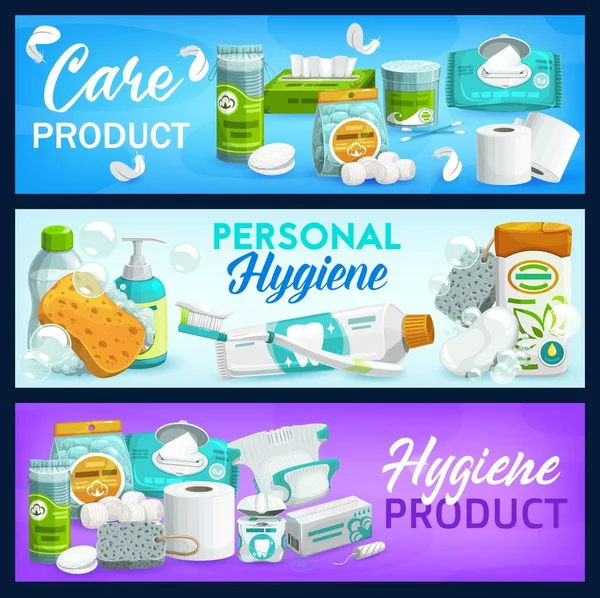 Igiene Prodotti Cura Sapone Vettoriale Carta Igienica Shampoo Spazzola Dentifricio — Vettoriale Stock