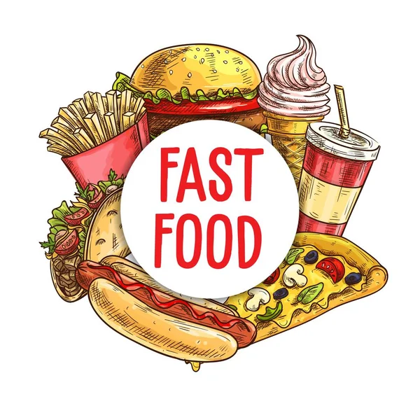 Cornice Schizzi Fast Food Caffè Asporto Snack Hamburger Bevande Banner — Vettoriale Stock