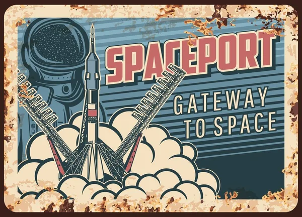 Spaceport Vector Placa Metal Oxidado Cohete Despega Del Cosmódromo Exploración — Vector de stock