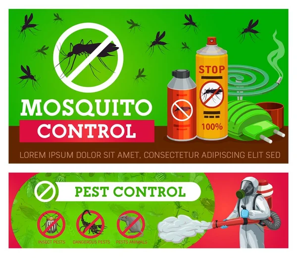 Schädlingsbekämpfung Mückendesinsektions Vektorbanner Mit Repellents Und Kammerjäger Mit Kaltnebel Insekten — Stockvektor