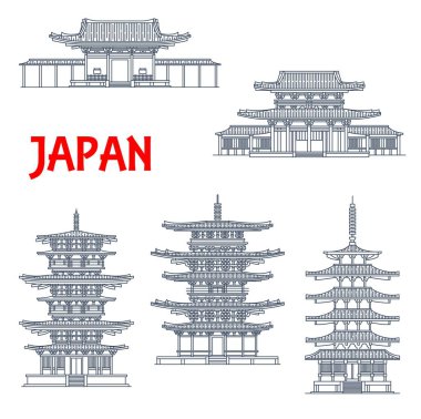 Japonya Ikaruga Nara, Japonya 'daki ikonlar, tapınaklar ve Japon pagodaları. Japon Budist mimari binaları Horyu-ji, Toto ve Doğu Pagoda, Nandaimon ve Horyuji Tumon tapınakları