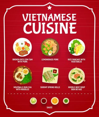 Vietnam yemeği menüsü vektör örtüsü. Kırık pirinçli Com Tam domuz eti, limonlu domuz ve pirinç gözlemesi, köfteli çörek, karidesli börek ve bonfile çorbası.