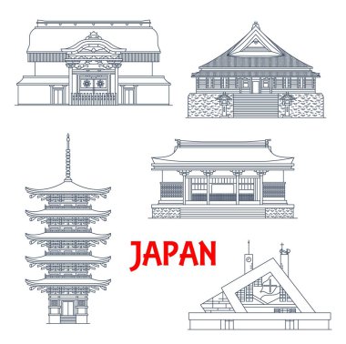 Japonya simgeleri, tapınaklar ve pagoda simgeleri, Japon tapınakları, seyahat mimarisi, Asya binaları. Japonya tarihi tapınağı Eihei-ji, Yamaguchi Xavier Anıt Kilisesi, Shoin Tapınağı ve Ruriko-ji Pagoda