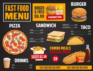Fast food menü şablonu, paket servis yemekleri pizza salamı ve margherita, pastırma ve peynirli sandviç. Çizgi film menüsü karışık yemekler tavuk nugget, burger ve tako ile içecekler, abur cubur tabakları.