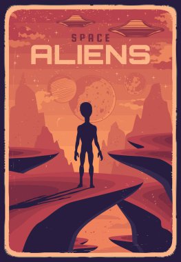 Kırmızı yüzeyi olan gezegende uzaylı ve UFO 'lu Retro posteri, uçan dairelerle gökyüzüne bakan uzaylıların dikiz aynasından vektör. Uzay keşif kartı, yıldızlı ve gezegenli dış evren.