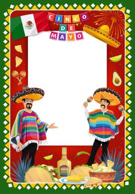 Cinco de Mayo mariachi karakterleri ve tabelası ve Meksika yemekleri. Sombrero şapkaları, marakas ve Meksika bayrağı, tekila, taco ve guacamole, nachos ve havai fişekleri olan tatil müzisyenleri.