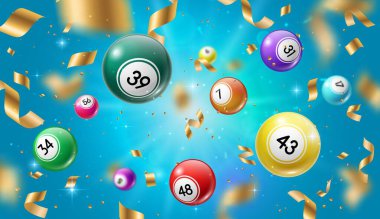 Piyango topları 3 boyutlu vektör bingo, loto ya da keno kumar oyunları. Şanslı sayılarda altın konfetiyle kazanan kombinasyonlar içeren renkli küreler. Oyun eğlence eğlencesi, piyango çekilişi.