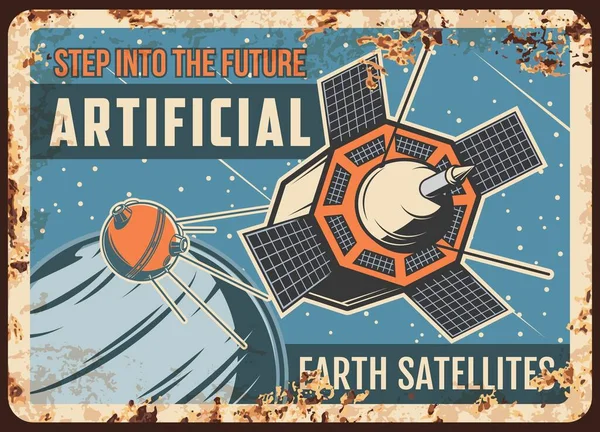 Künstliche Erdsatelliten Transportieren Rostige Metallplatten Sputniks Fliegen Auf Die Erde — Stockvektor