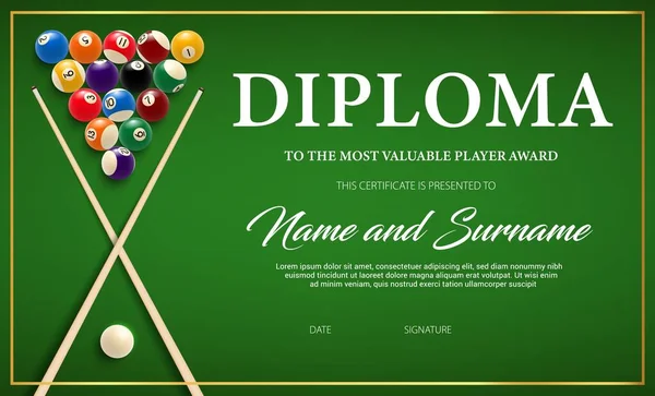 Diploma Para Vencedor Torneio Bilhar Modelo Vetor Certificado Com Cue — Vetor de Stock