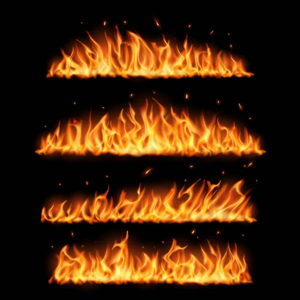 在黑色背景的火焰现实的矢量设计 用炽热的红色火焰和火花燃烧着的火 篝火或壁炉边的火光 野火熊熊燃烧的熊熊烈火 — 图库矢量图片