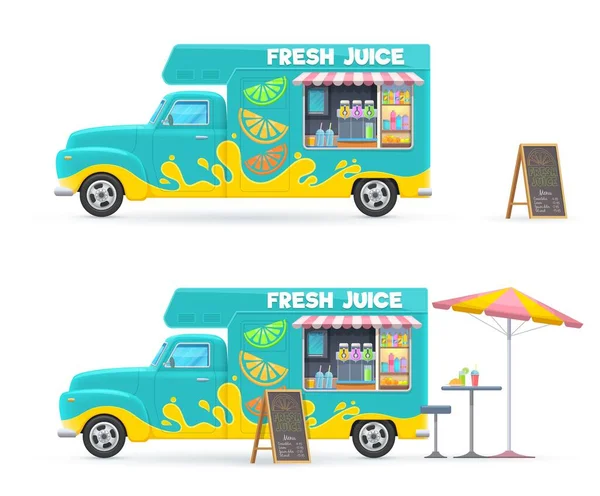 Caminhão Comida Suco Fresco Isolado Vetor Retro Van Com Bebidas —  Vetores de Stock