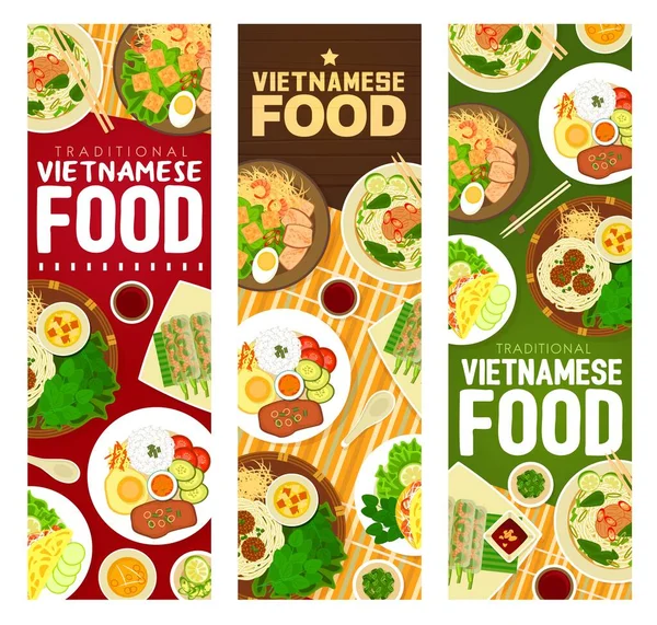 Vietnamesiska Mat Måltider Vektor Banderoller Nudelsoppa Bun Hue Citrongräs Fläsk — Stock vektor