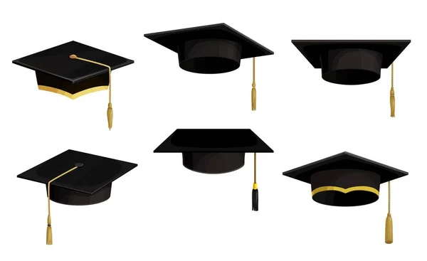 Tapas Académicas Iconos Vectoriales Aislados Sombreros Negros Graduación Universitaria Dibujos — Archivo Imágenes Vectoriales