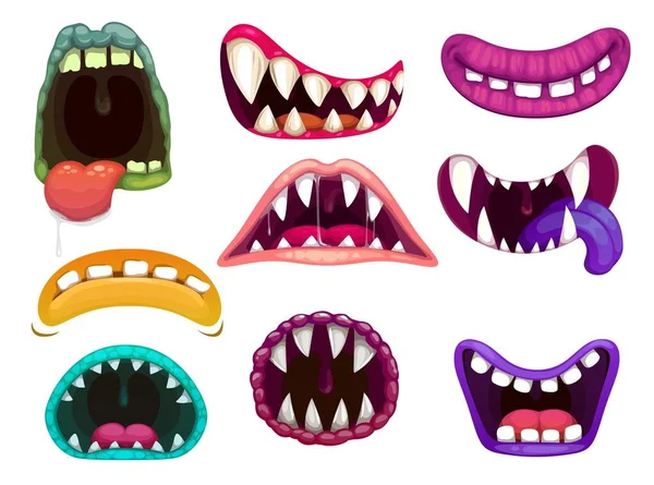 Bouches Monstres Avec Des Dents Pointues Des Langues Dessin Animé — Image vectorielle