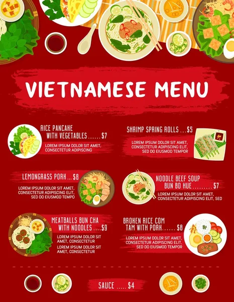 Vietnamská Restaurace Jídla Menu Design Šablony Rýžové Palačinky Zeleninou Vepřové — Stockový vektor