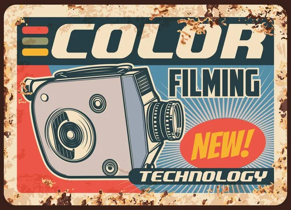 Película Cámara Video Retro Placa Metal Oxidado Vector Cartel Vintage — Archivo Imágenes Vectoriales