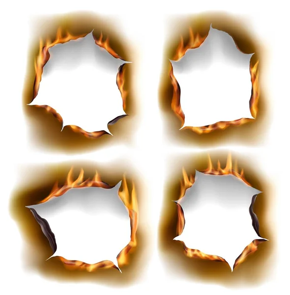 Burning holes, vector burn paper fire with realistic charred edges isolated objects. 3d flame on sheet. Burned round holes in fire flames, torn borders and ripped frames on white background — Stock Illustration Burning Holes Vector Burn Paper Fire Realistic Charred Edges Isolated Stock Illustration