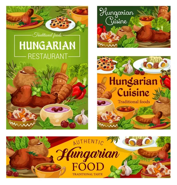 Hungary cuisine vector braised cabbage with pepper, cherry soup and sweet cookies with dried fruits. Soup in bread, sausages with chilli sauce and salad with egg, vegetable stew, Hungarian food dishes — Stock Illustration Hungary Cuisine Vector Braised Cabbage Pepper Cherry Soup Sweet Cookies Royalty Free Stock Vectors