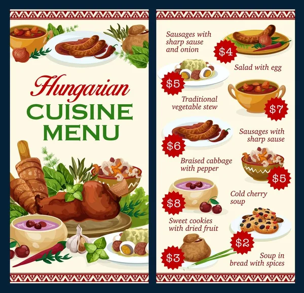 Hungary cuisine vector menu template, sausages with spicy sauce and onion, salad with egg, traditional vegetable stew. Cold cherry soup, cabbage and soup bread with spices Hungarian meals, food dishes — Stock Illustration Hungary Cuisine Vector Menu Template Sausages Spicy Sauce Onion Salad Royalty Free Stock Illustrations
