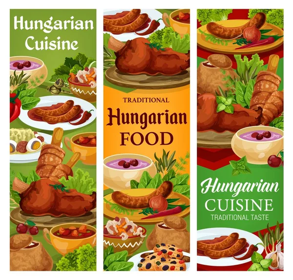 Hungary cuisine, vector Hungarian food sausages with spicy sauce and onion, salad with egg, vegetable stew, braised cabbage. Sweet cookies with dried fruits, soup in bread with spices banners set — Stock Illustration Hungary Cuisine Vector Hungarian Food Sausages Spicy Sauce Onion Salad Stock Illustration