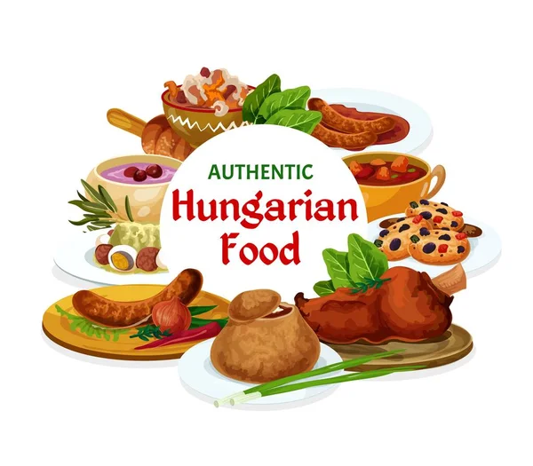 Hungary cuisine vector dishes chilli sausages, salad with egg, vegetable stew, braised cabbage with pepper. Cherry soup, cookies with dried fruits, soup in bread. Hungarian food round frame, poster — Stock Illustration Hungary Cuisine Vector Dishes Chilli Sausages Salad Egg Vegetable Stew Royalty Free Stock Vectors