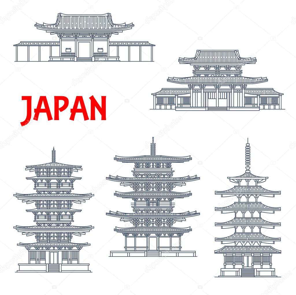 Japan landmarks icons, temples and Japanese pagodas, in Ikaruga Nara, Japan, vector. Japanese Buddhist architecture buildings Horyu-ji, Toto and Eastern pagoda, Nandaimon and Horyuji Tumon temple
