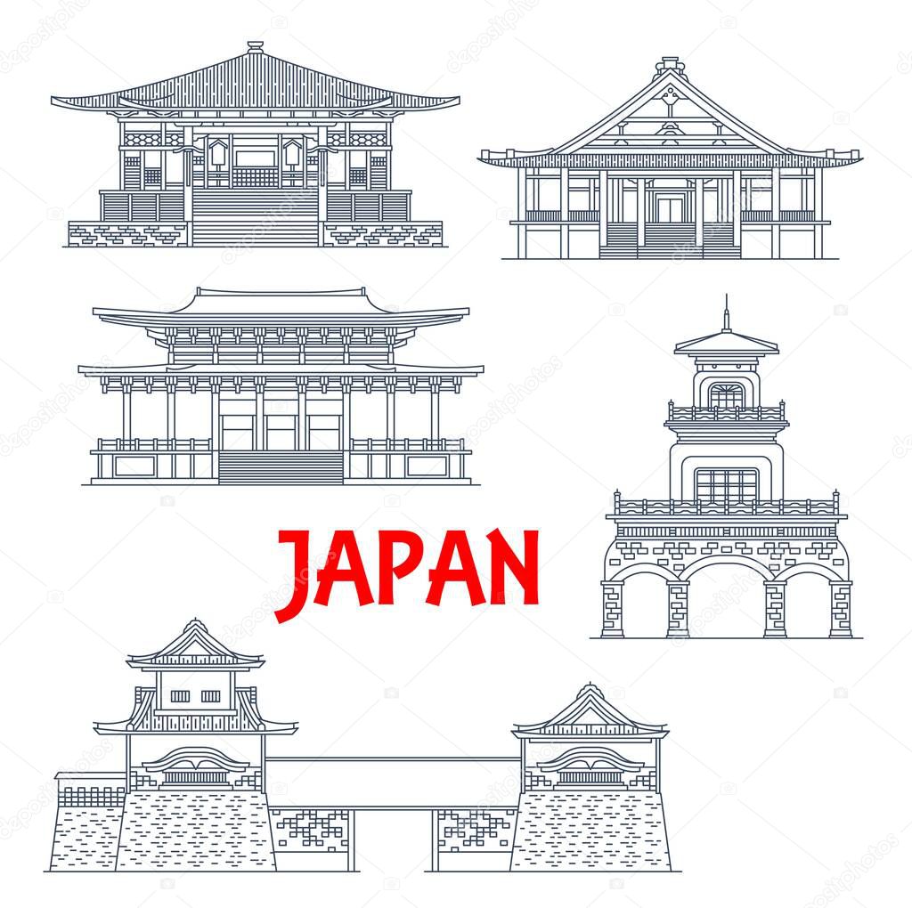 Japan landmarks, temples, tower gates and shrines, Japanese architecture vector icons. Shorenji temple in Takayama, Muroji of Uda Nara and Oyama Shrine, Naritasan and Ishikawamon of Kanazawajo castle