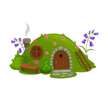 Cüce ya da cüce evi, masal kulübesi çizgi film vektörü. Peri ya da sihirli yaratık tepede, çimenleri ve çiçekleri kaplamış, ahşap kapılı kulübe, yuvarlak pencere ve çimlerin üzerinde bank
