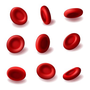 Kırmızı kan hücreleri 3d vektör hemoglobin, hematoloji ilaçları, insan vücudu anatomisi. Beyaz arka planda izole edilmiş kalp sisteminin mikroskobik kan hücreleri. Tıbbi sağlık tasarım elementleri ayarlandı
