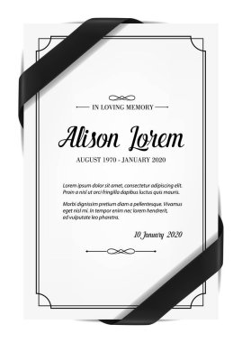 Funerary card with obituary condolence and mourning ribbon. Obituary card layout, mortuary plate vector template, sepulchral plaque with in memoriam necrologue and black silk ribbon over corners clipart