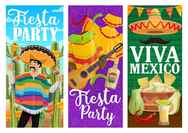 Viva Mexico Bannières Vectorielles Fête Fiesta Avec Nourriture Vacances Mexicaine — Image vectorielle