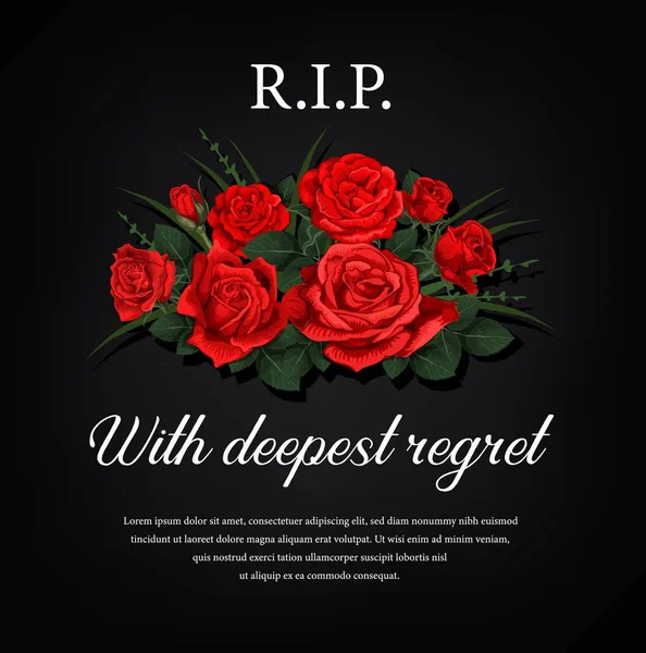 赤いバラの花とお悔やみの葬儀カード 葬儀ポスター 花やタイポグラフィと黒の墓石のプラークのための記念彫刻 9月のプレート 副葬品のバナー — ストックベクタ